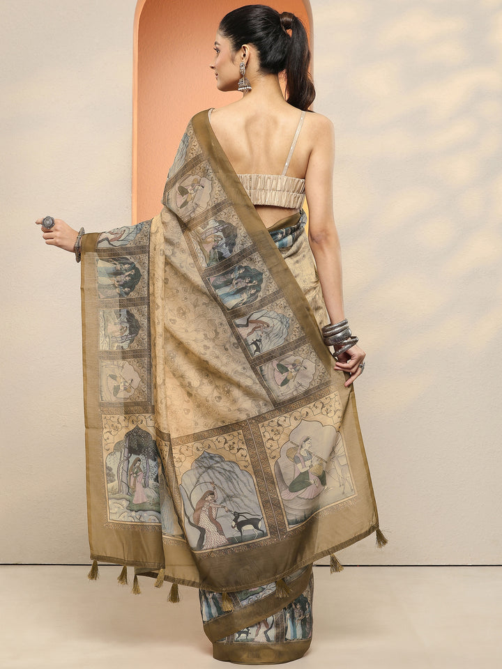 Brown Printed Silk Blend Sarees With Unstitched Blouse Piece