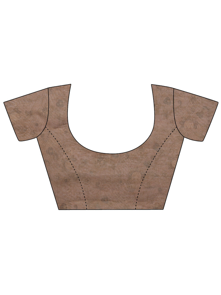 Brown Printed Silk Blend Sarees With Unstitched Blouse Piece