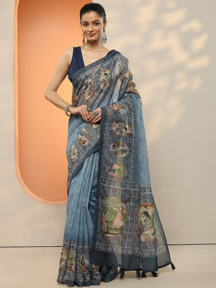 Blue Printed Silk Blend Sarees With Unstitched Blouse Piece