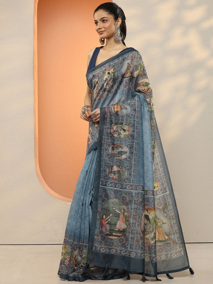 Blue Printed Silk Blend Sarees With Unstitched Blouse Piece