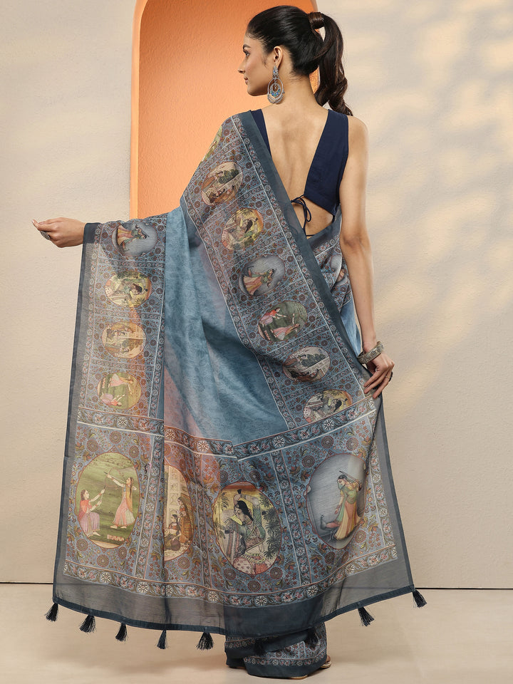 Blue Printed Silk Blend Sarees With Unstitched Blouse Piece