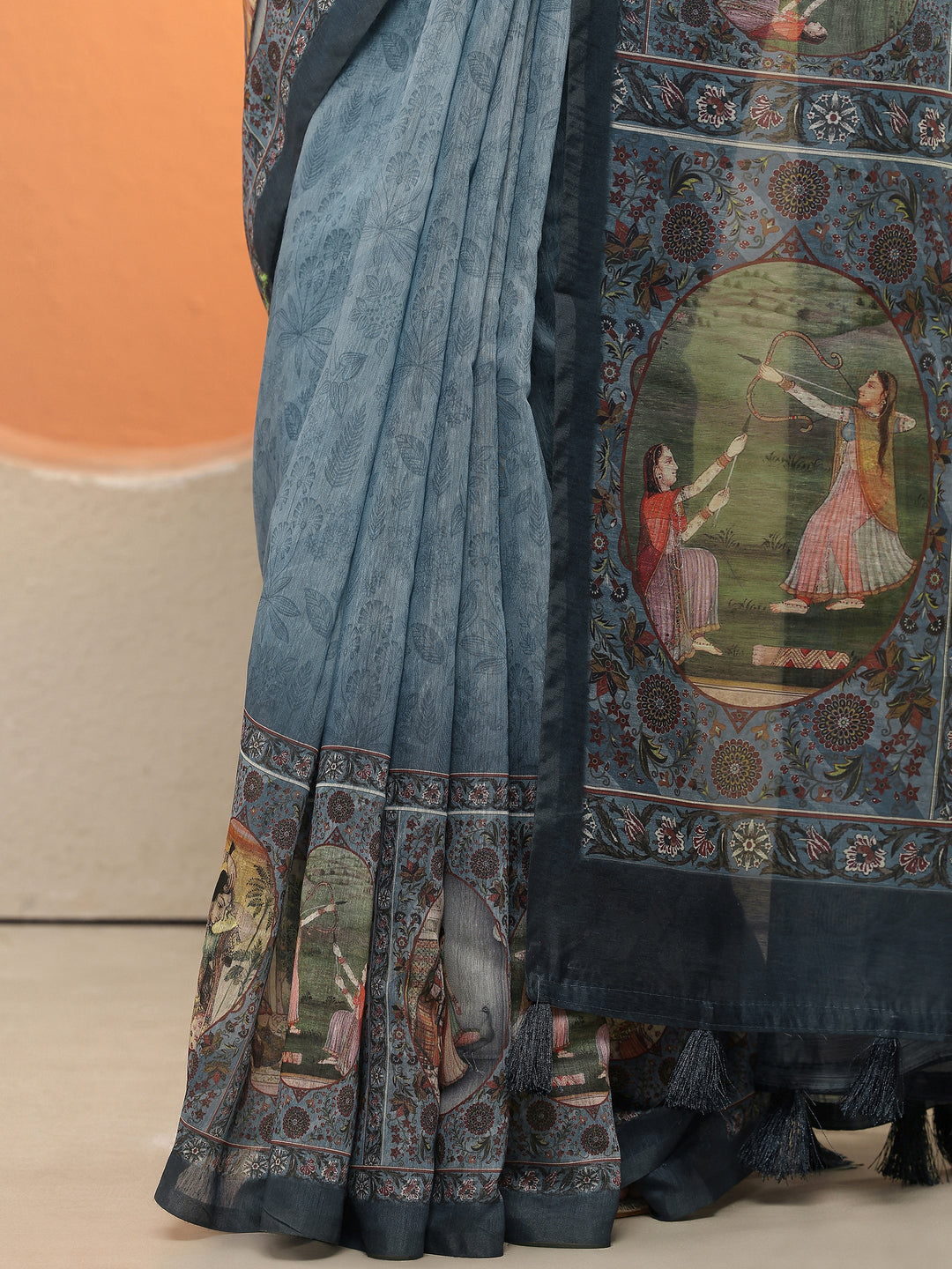 Blue Printed Silk Blend Sarees With Unstitched Blouse Piece