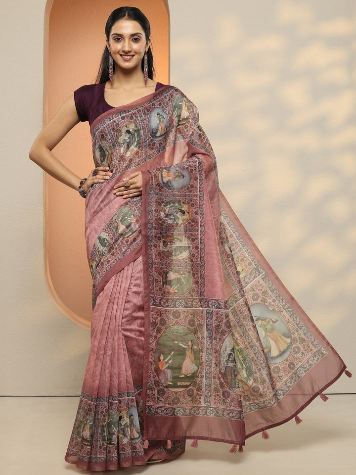 Peach Printed Silk Blend Saree With Unstitched Blouse Piece