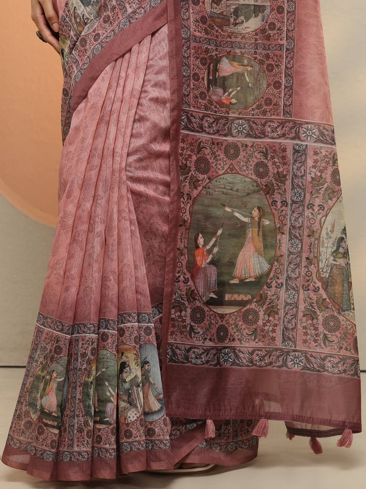 Peach Printed Silk Blend Saree With Unstitched Blouse Piece