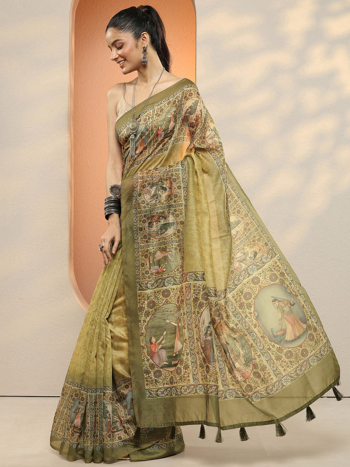 Green Printed Silk Blend Sarees With Unstitched Blouse Piece