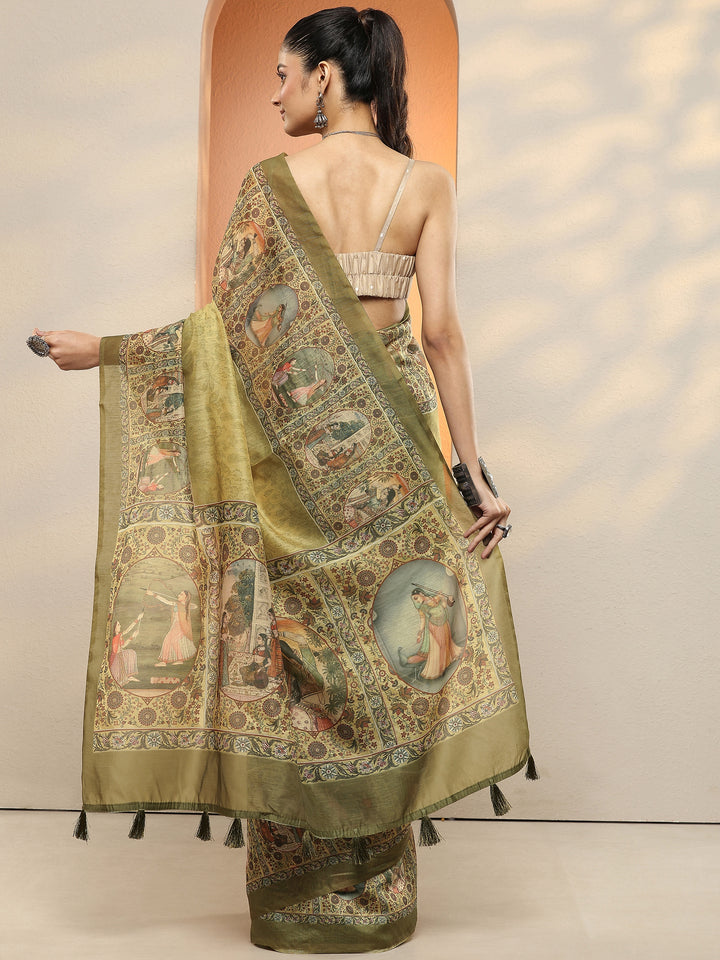 Green Printed Silk Blend Sarees With Unstitched Blouse Piece