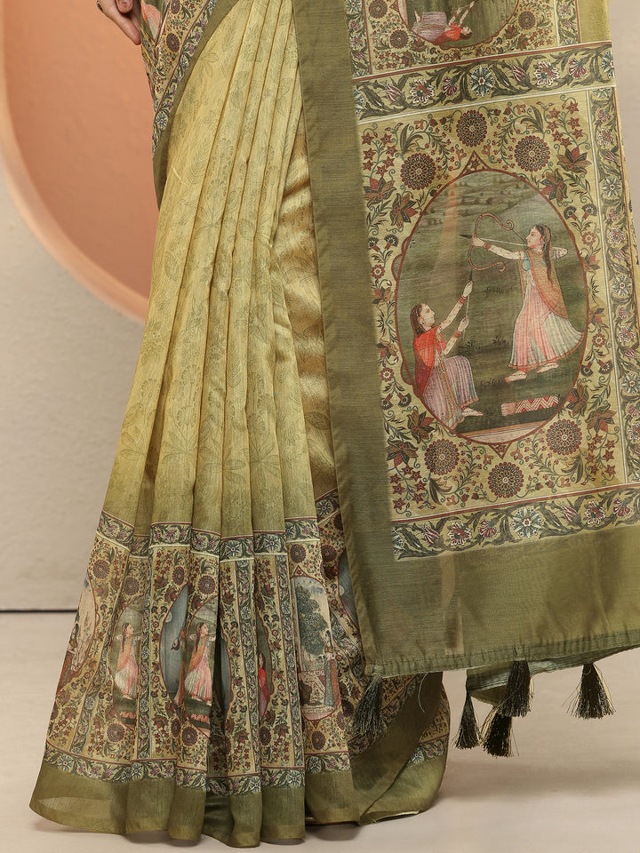 Green Printed Silk Blend Sarees With Unstitched Blouse Piece