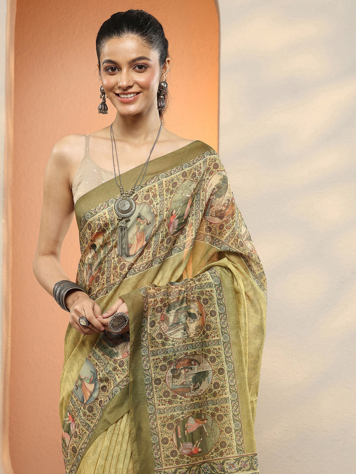 Green Printed Silk Blend Sarees With Unstitched Blouse Piece