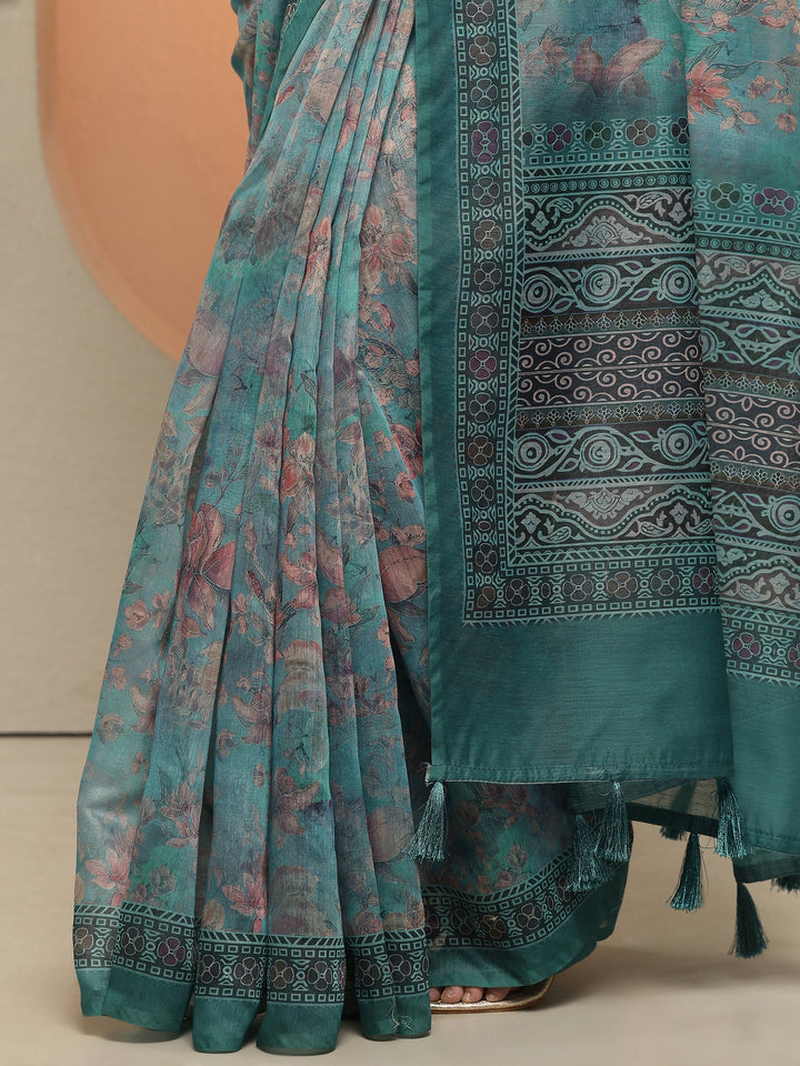 Blue Printed Silk Blend Saree With Unstitched Blouse Piece