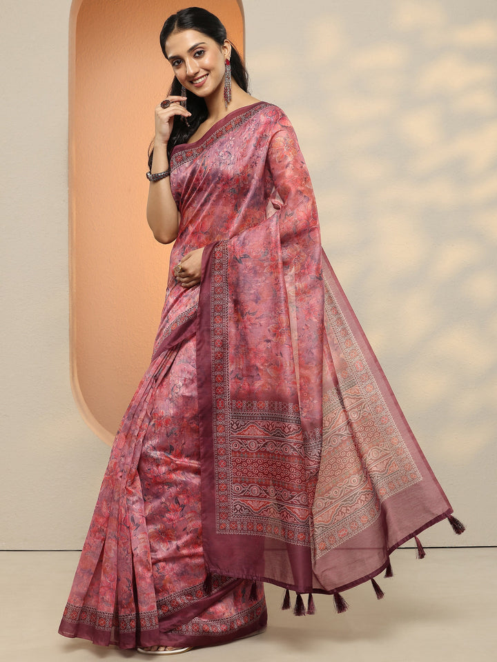 Purple Printed Silk Blend Saree With Unstitched Blouse Piece