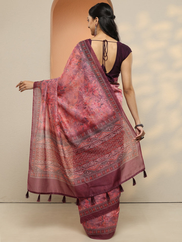 Purple Printed Silk Blend Saree With Unstitched Blouse Piece