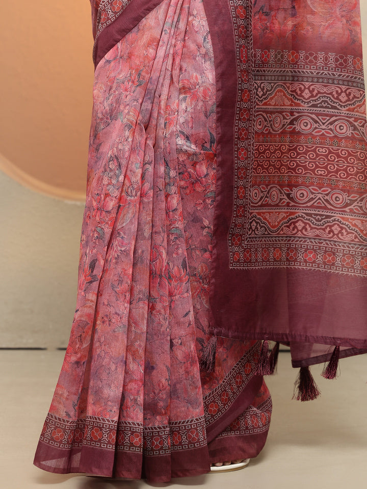 Purple Printed Silk Blend Saree With Unstitched Blouse Piece