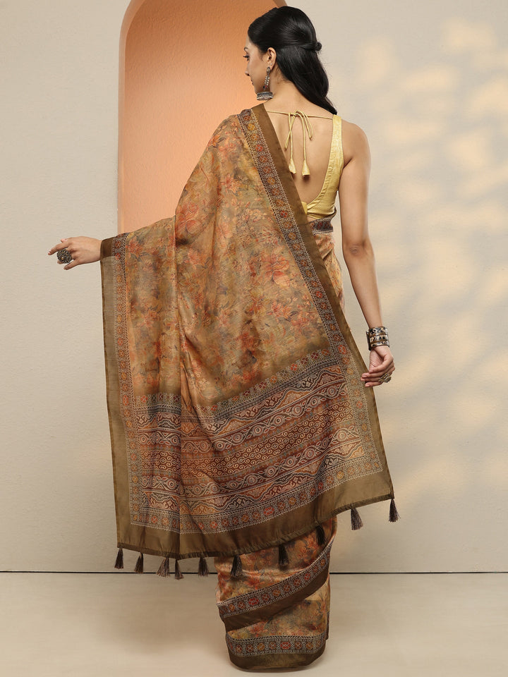 Yellow Printed Silk Blend Saree With Unstitched Blouse Piece