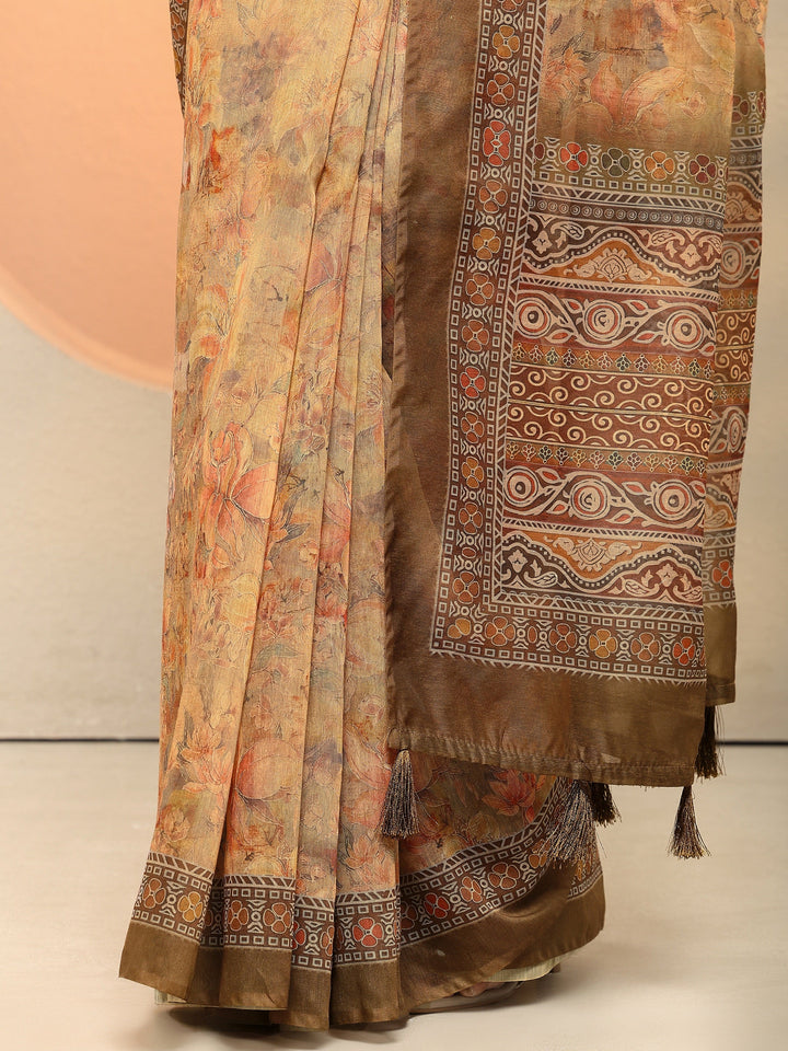 Yellow Printed Silk Blend Saree With Unstitched Blouse Piece