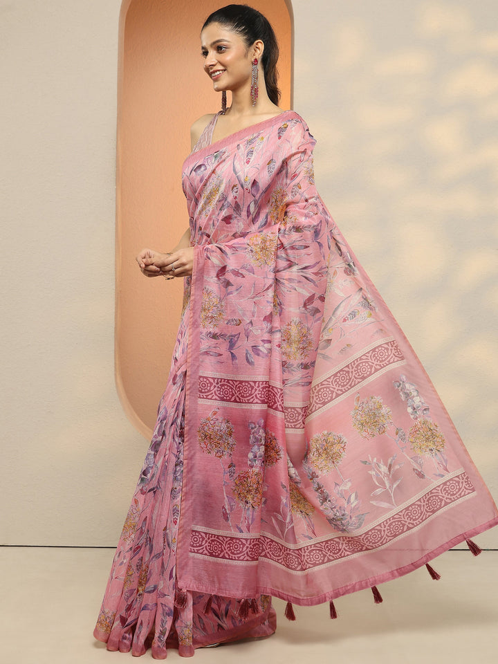 Pink Printed Silk Blend Saree With Unstitched Blouse Piece