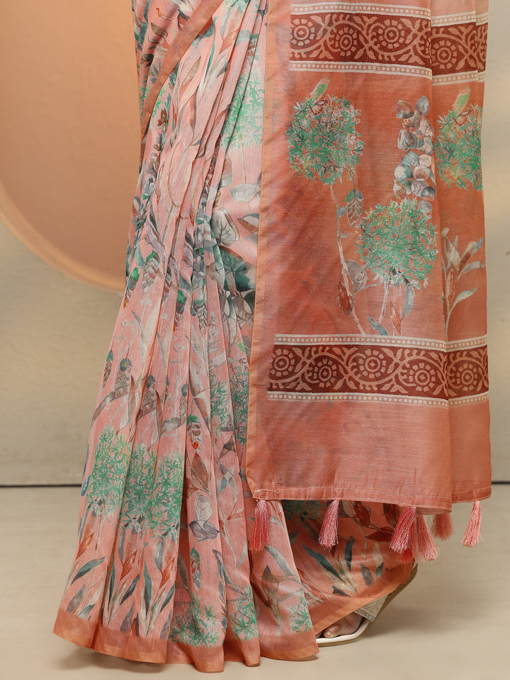 Peach Printed Silk Blend Saree With Unstitched Blouse Piece
