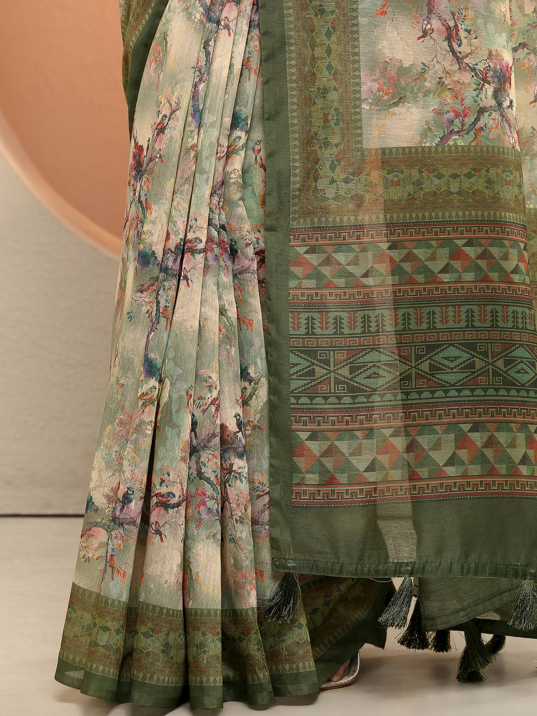 Green Printed Silk Blend Sarees With Unstitched Blouse Piece