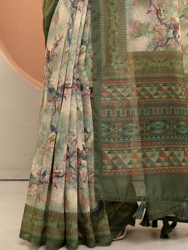 Green Printed Silk Blend Sarees With Unstitched Blouse Piece