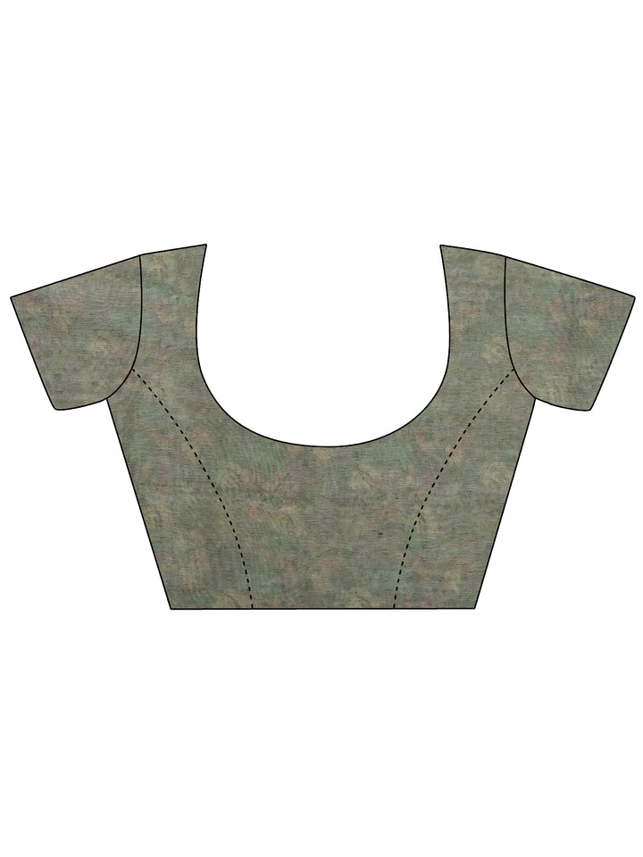 Green Printed Silk Blend Sarees With Unstitched Blouse Piece