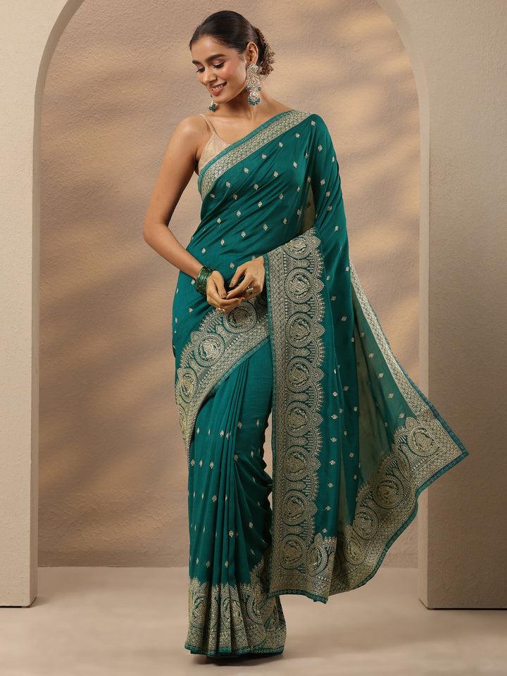 Green Embroidered Georgette Saree With Unstitched Blouse Piece