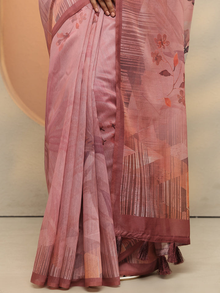 Peach Printed Silk Blend Saree With Unstitched Blouse Piece