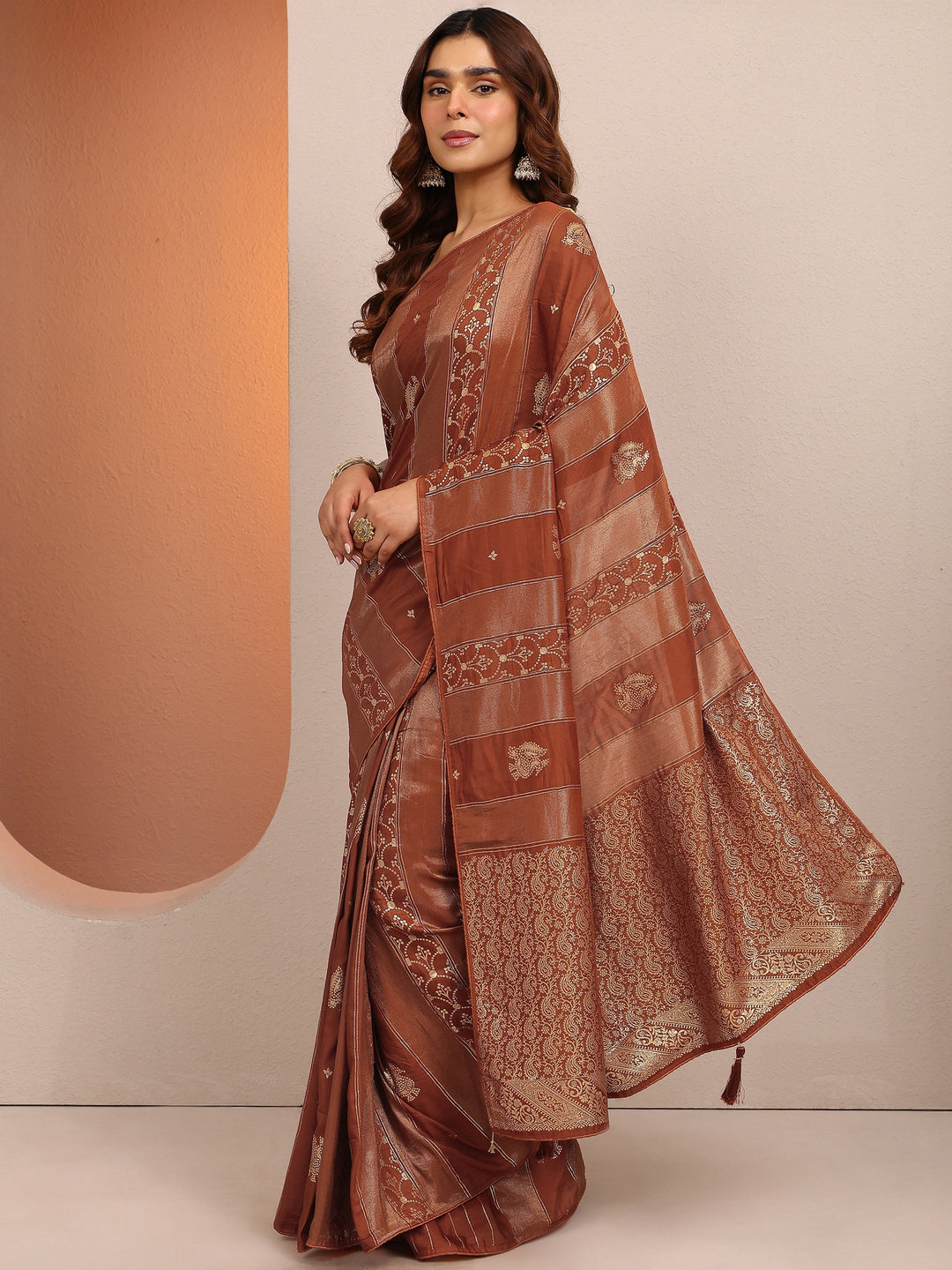 Rust Woven Design Banarsi Silk Blend Saree With Unstitched Blouse Piece