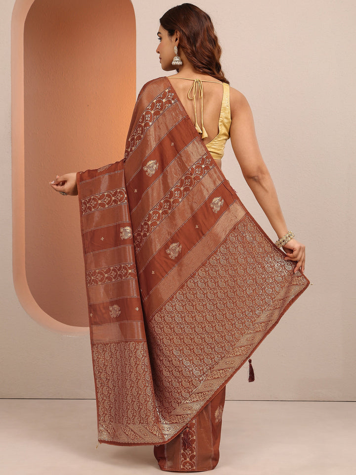 Rust Woven Design Banarsi Silk Blend Saree With Unstitched Blouse Piece