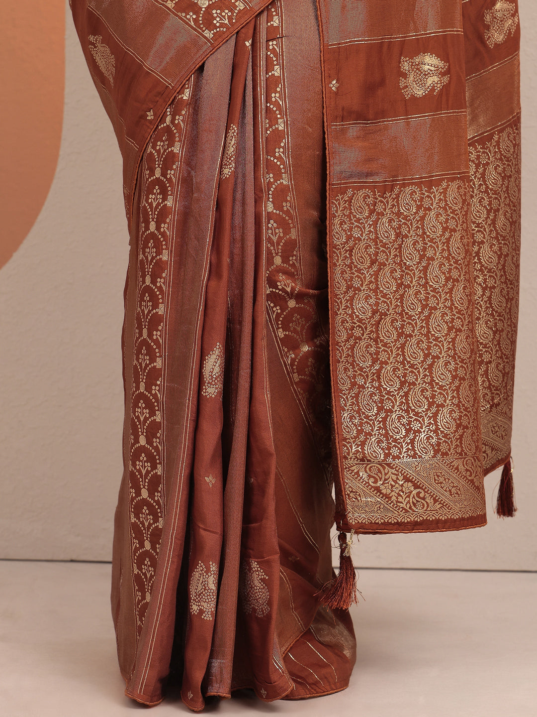 Rust Woven Design Banarsi Silk Blend Saree With Unstitched Blouse Piece