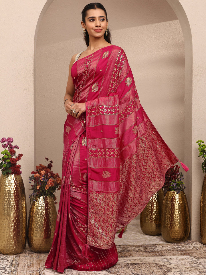 Pink Woven Design Banarsi Silk Blend Saree With Unstitched Blouse Piece