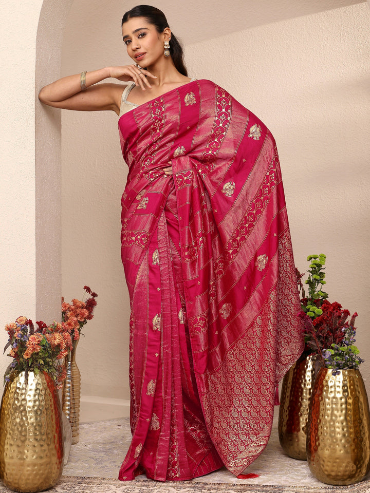 Pink Woven Design Banarsi Silk Blend Saree With Unstitched Blouse Piece