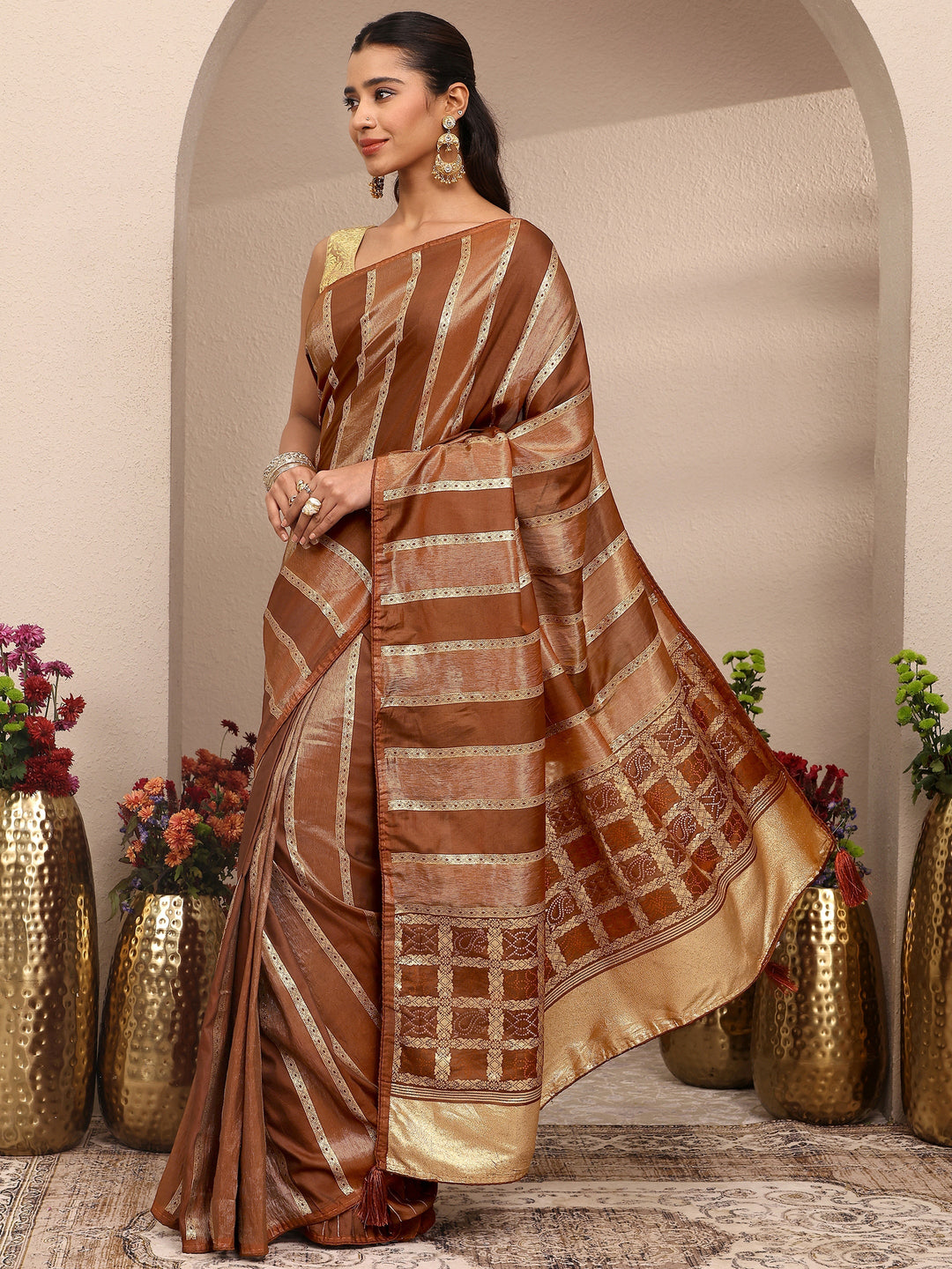 Brown Striped Woven Design Silk Blend Saree With Unstitched Blouse Piece