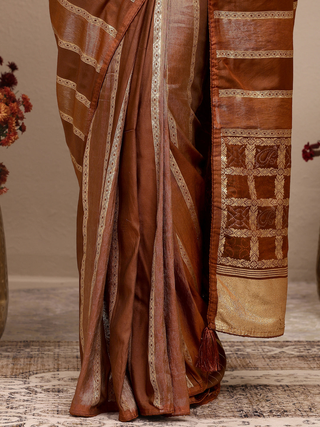 Brown Striped Woven Design Silk Blend Saree With Unstitched Blouse Piece