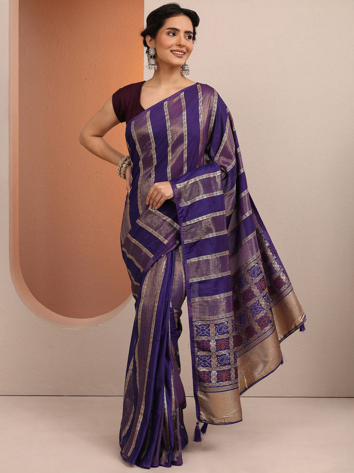 Purple Striped Woven Design Silk Blend Saree With Unstitched Blouse Piece