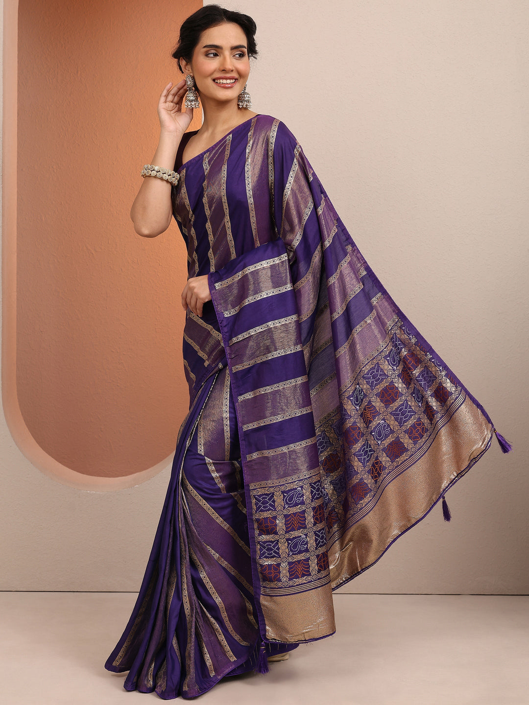 Purple Striped Woven Design Silk Blend Saree With Unstitched Blouse Piece