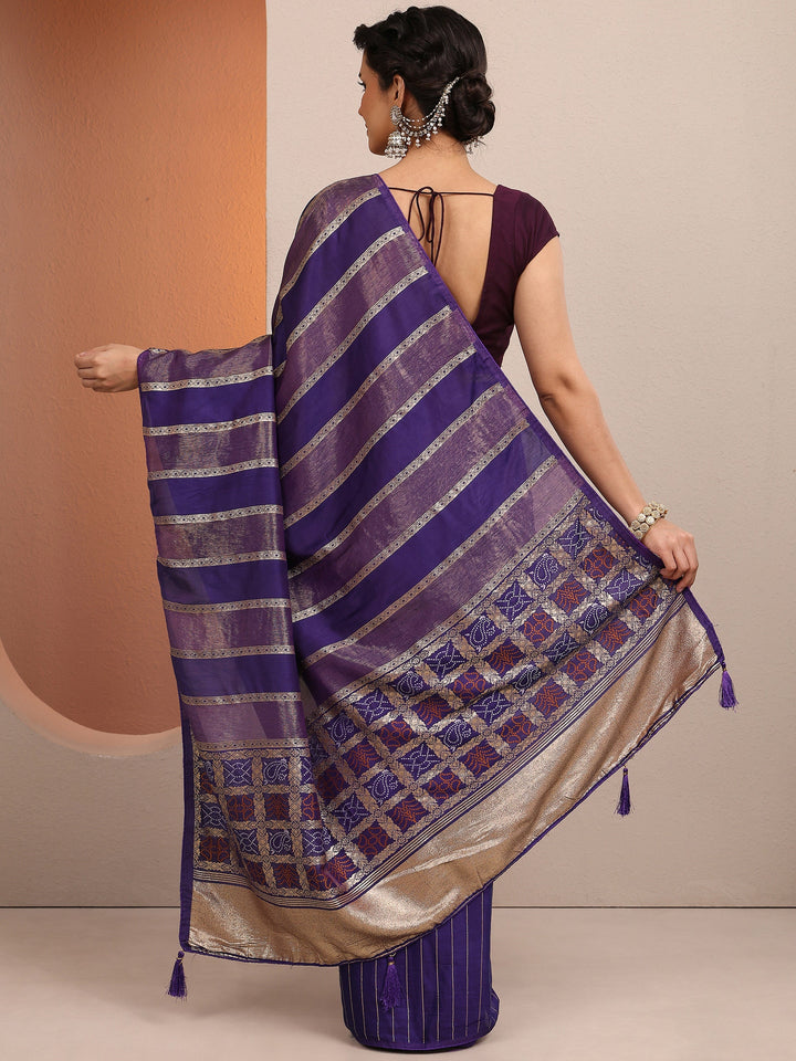 Purple Striped Woven Design Silk Blend Saree With Unstitched Blouse Piece