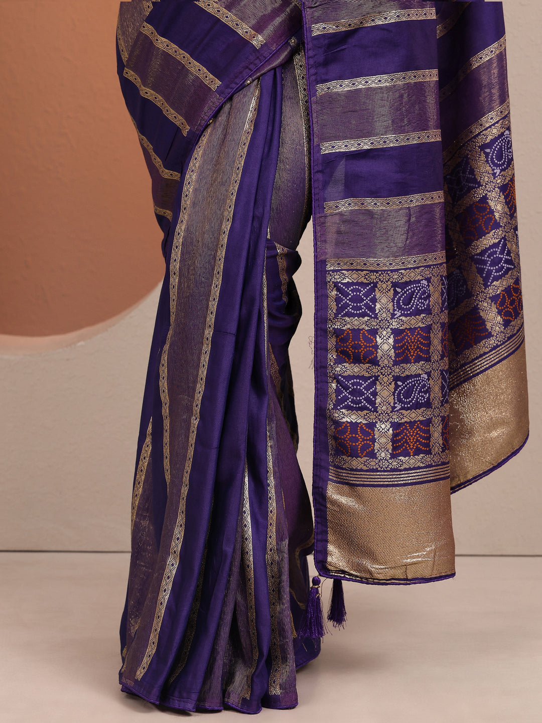 Purple Striped Woven Design Silk Blend Saree With Unstitched Blouse Piece