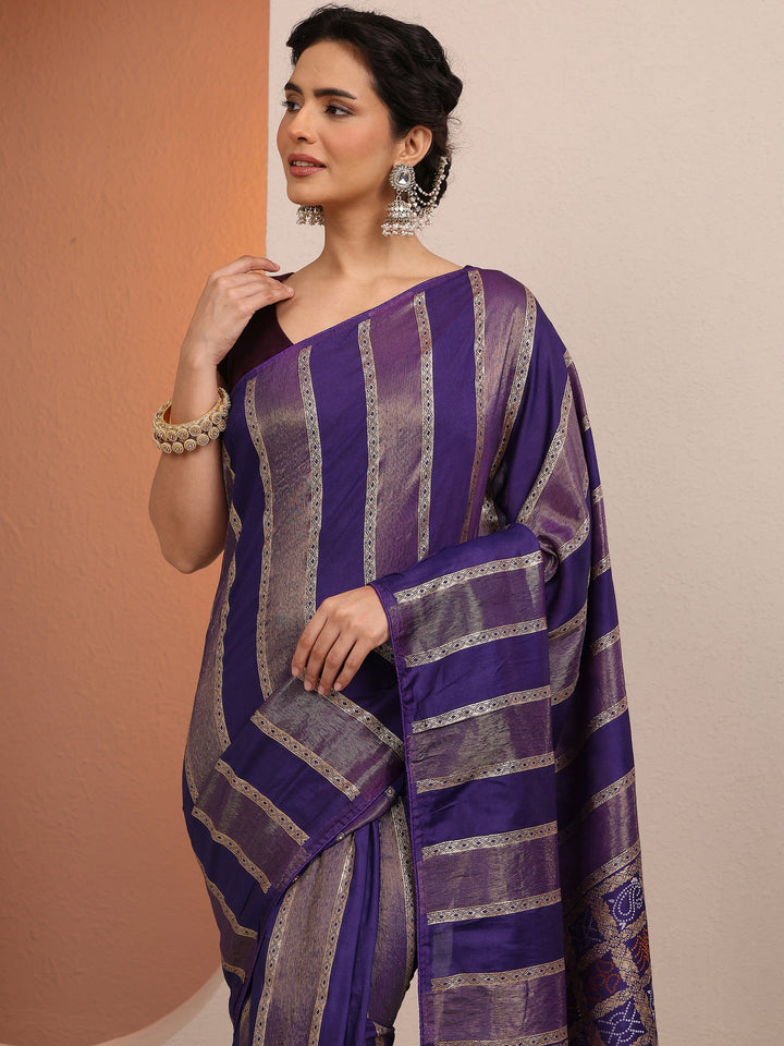 Purple Striped Woven Design Silk Blend Saree With Unstitched Blouse Piece