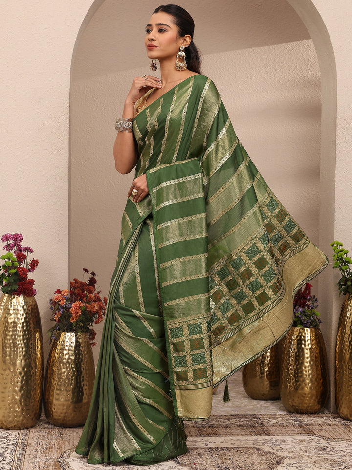 Green Striped Woven Design Silk Blend Saree With Unstitched Blouse Piece