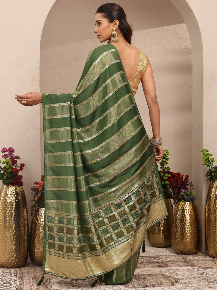 Green Striped Woven Design Silk Blend Saree With Unstitched Blouse Piece