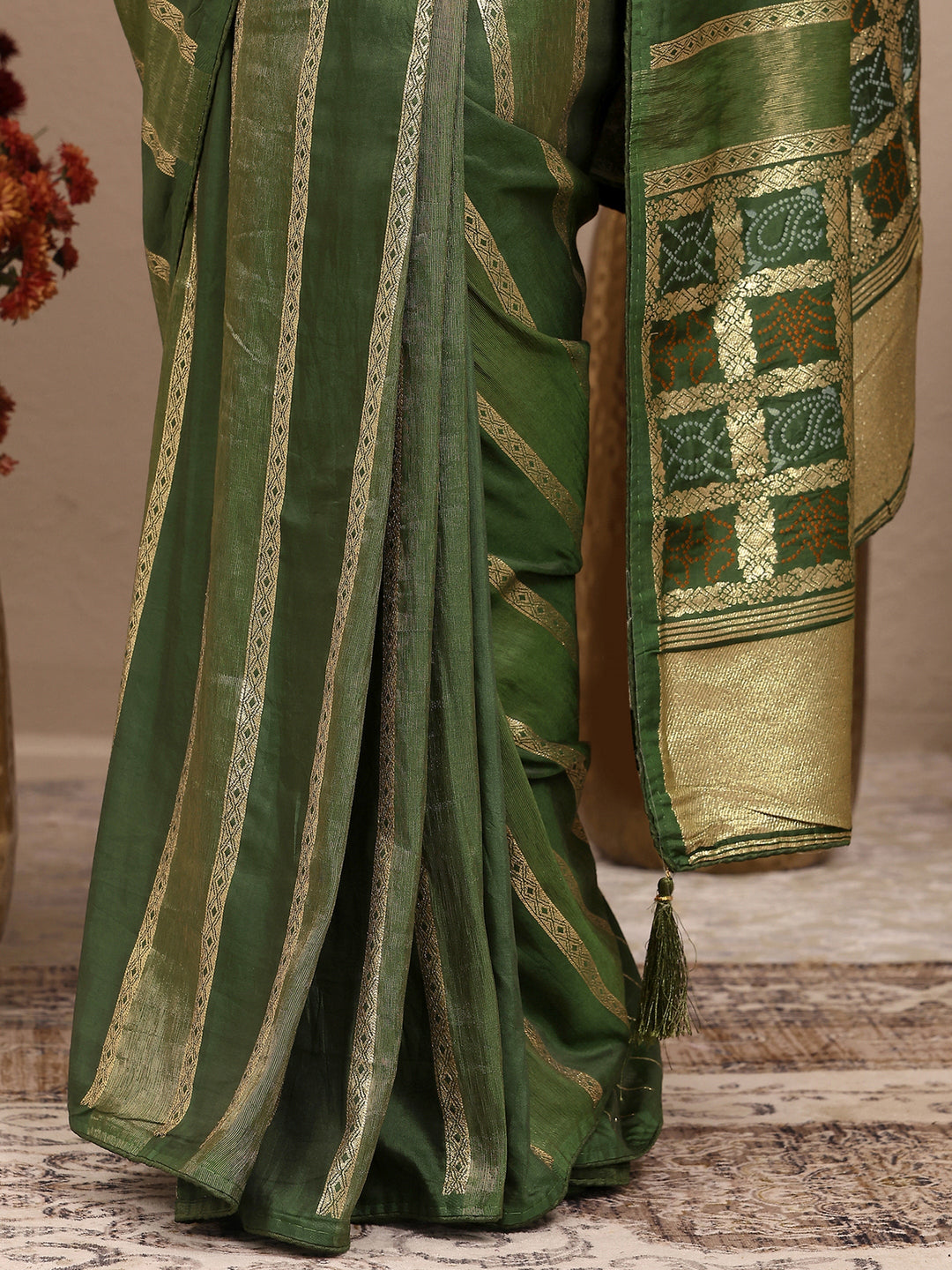 Green Striped Woven Design Silk Blend Saree With Unstitched Blouse Piece