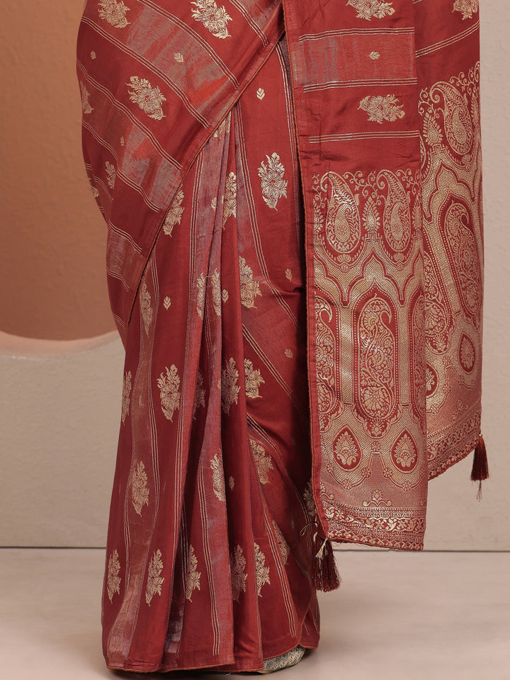 Orange Woven Design Banarsi Silk Blend Saree With Unstitched Blouse Piece