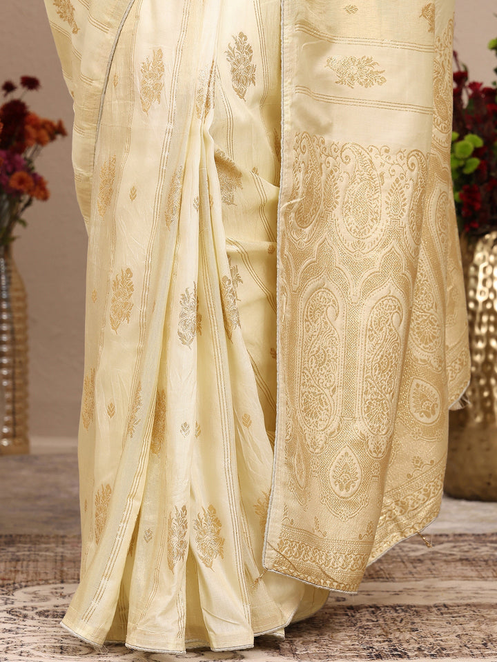 Cream Woven Design Banarsi Silk Blend Saree With Unstitched Blouse Piece