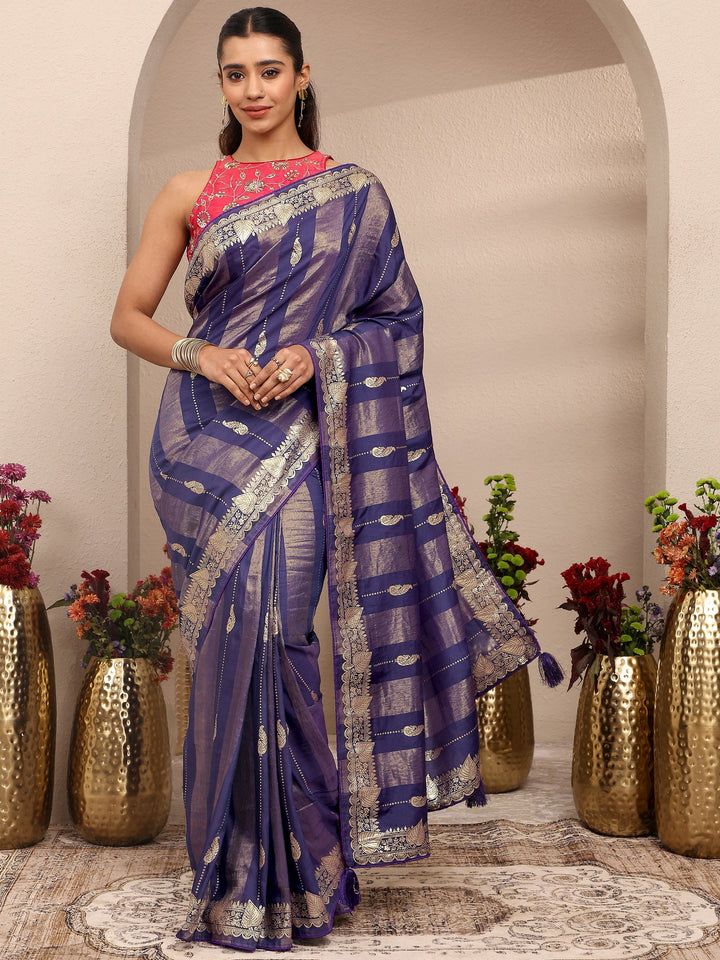 Purple Woven Design Banarsi Silk Blend Saree With Unstitched Blouse Piece