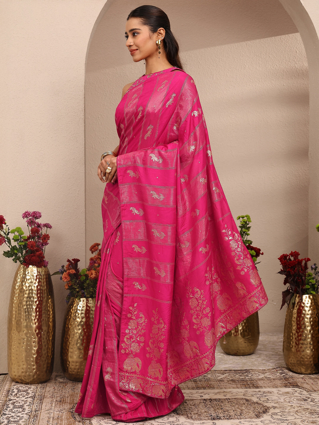 Pink Tribal Woven Design Silk Blend Saree With Unstitched Blouse Piece