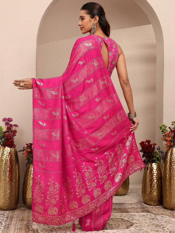 Pink Tribal Woven Design Silk Blend Saree With Unstitched Blouse Piece