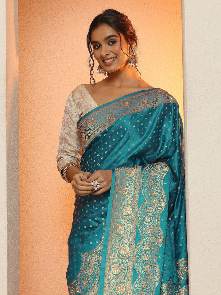 Blue Woven Design Silk Blend Sarees With Unstitched Blouse Piece