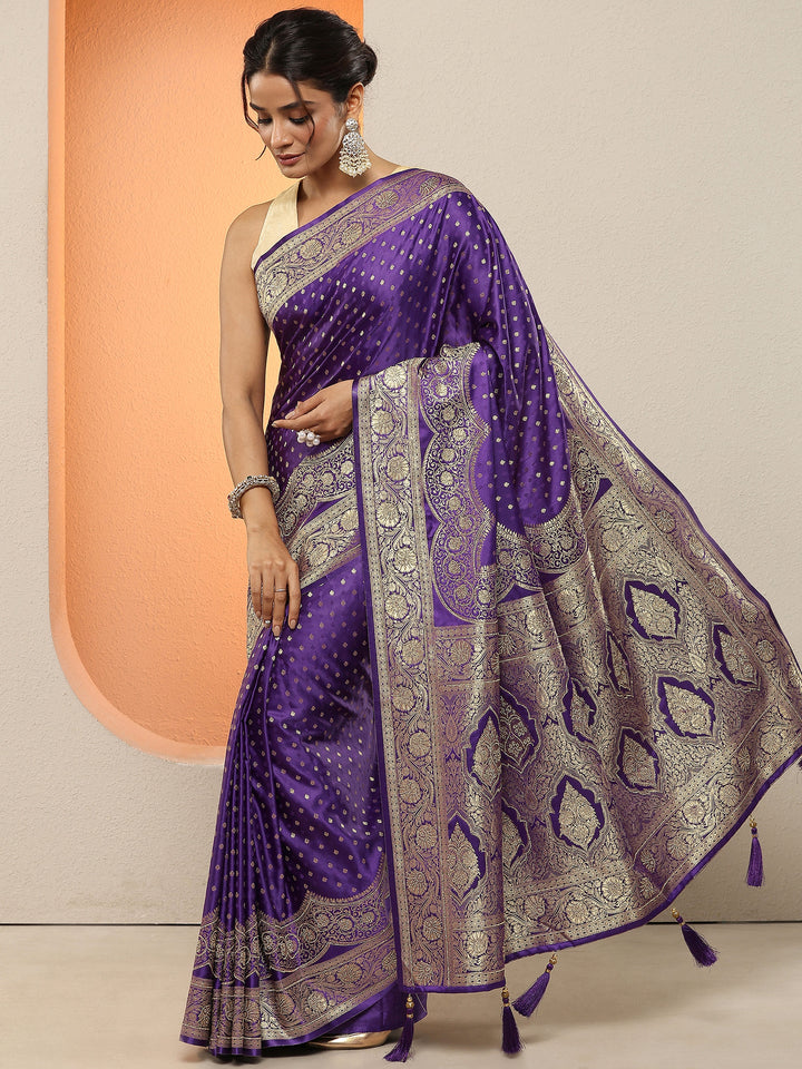 Purple Woven Design Silk Blend Sarees With Unstitched Blouse Piece