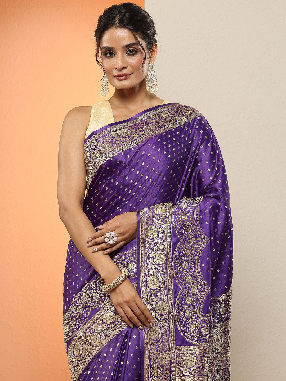 Purple Woven Design Silk Blend Sarees With Unstitched Blouse Piece