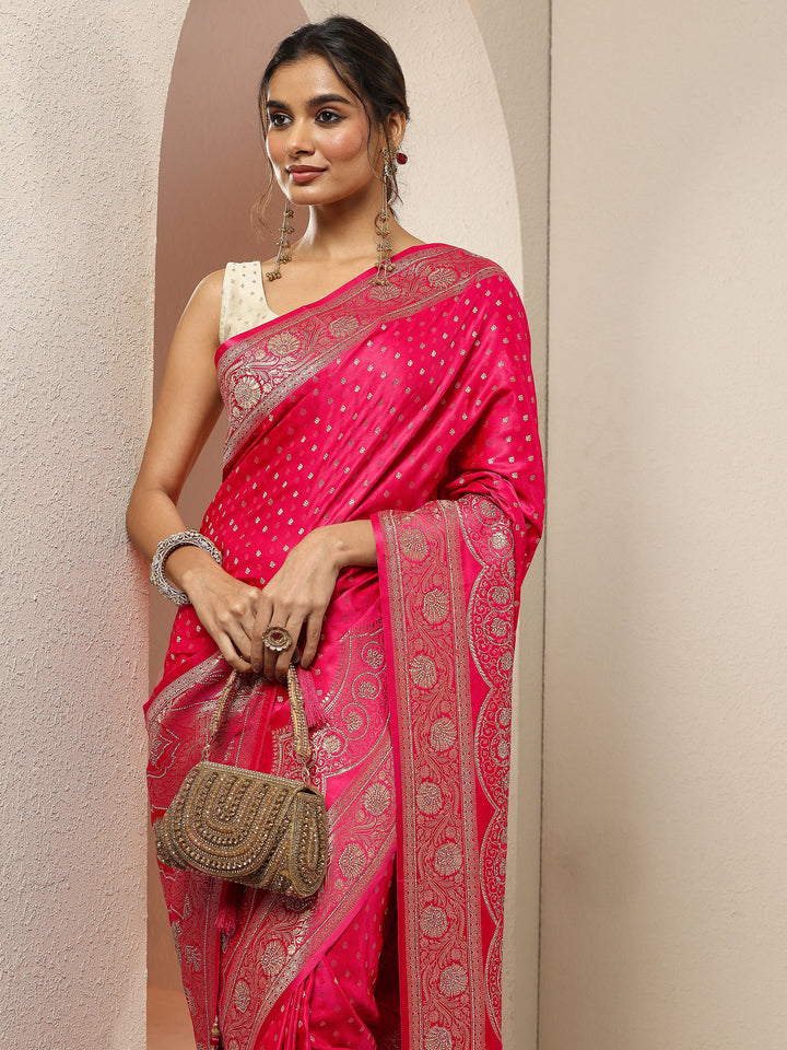 Pink Woven Design Silk Blend Sarees With Unstitched Blouse Piece
