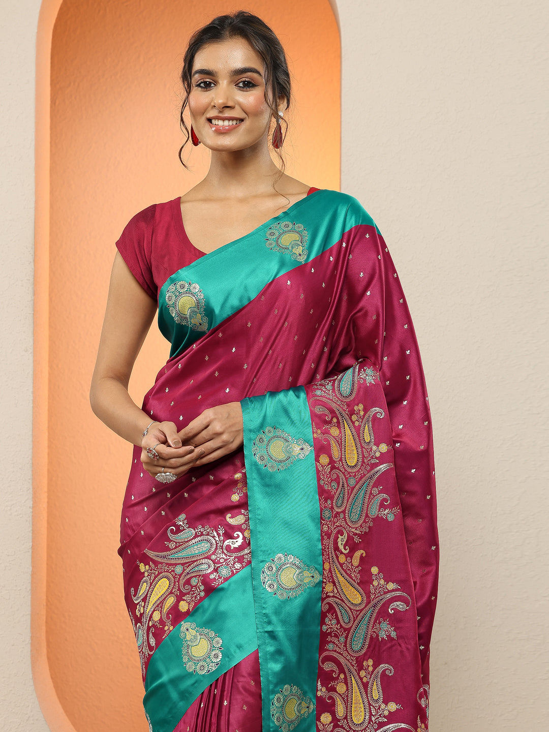 Maroon Woven Design Silk Blend Sarees With Unstitched Blouse Piece